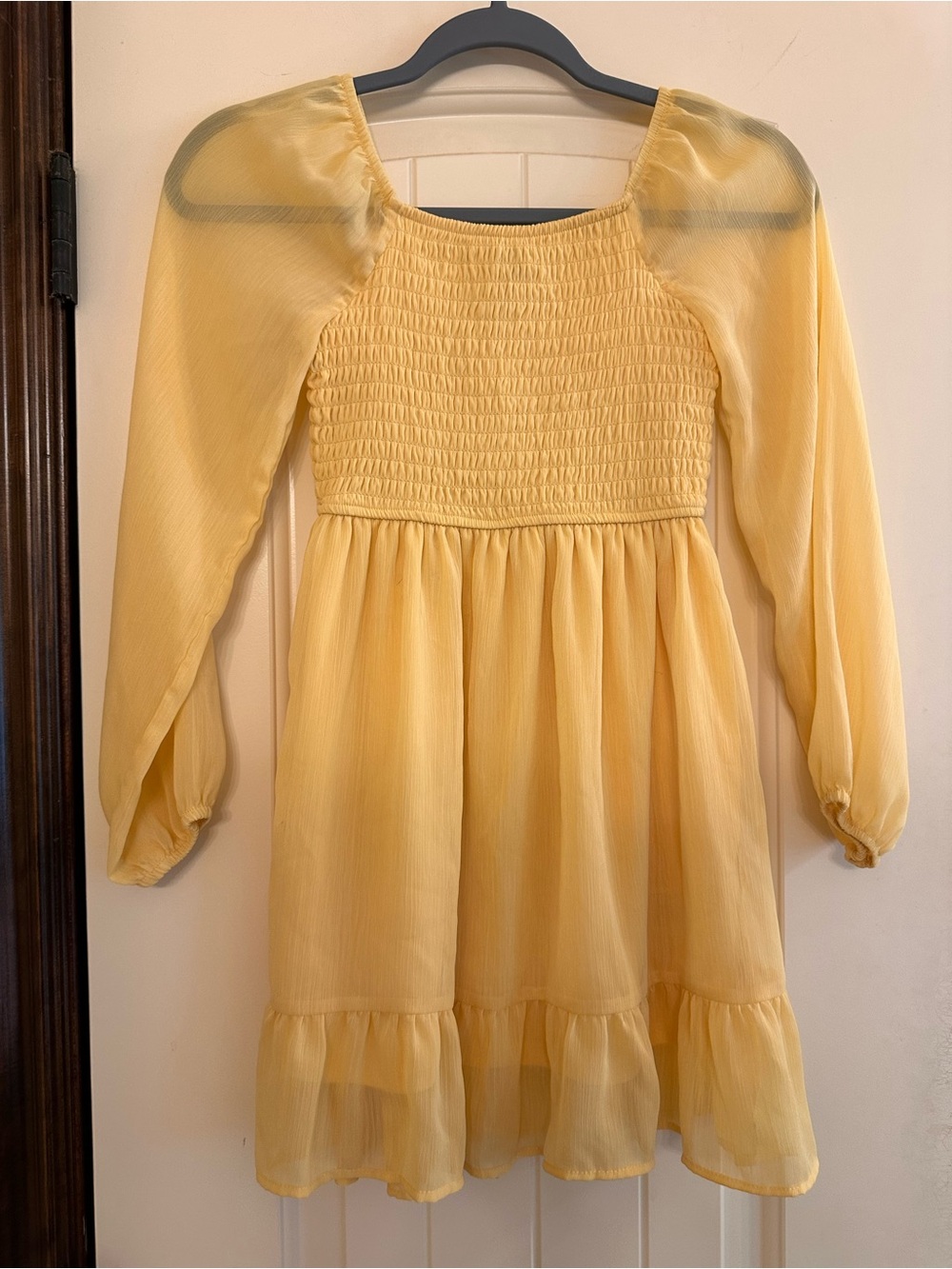 art class Yellow Smocked Chiffon Dress with Long Sheer Sleeves